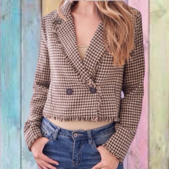 Love Riche Jackets & Blazers - Love Riche Tan Brown Houndstooth Frayed Edging Lined Jacket Blazer NWT
